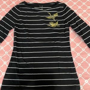 A New Day Shirt black white stripe Top 3/4 sleeve embroidered gold birds- M